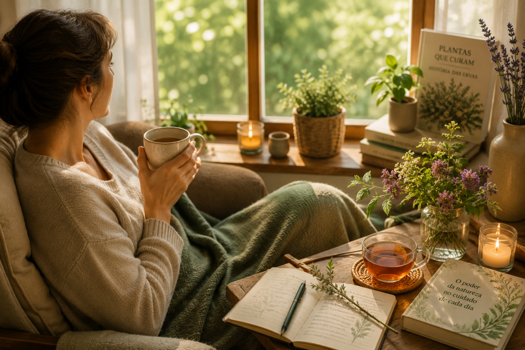 Pessoa apreciando chá próximo à janela em ambiente acolhedor inspirado em práticas integrativas naturais.