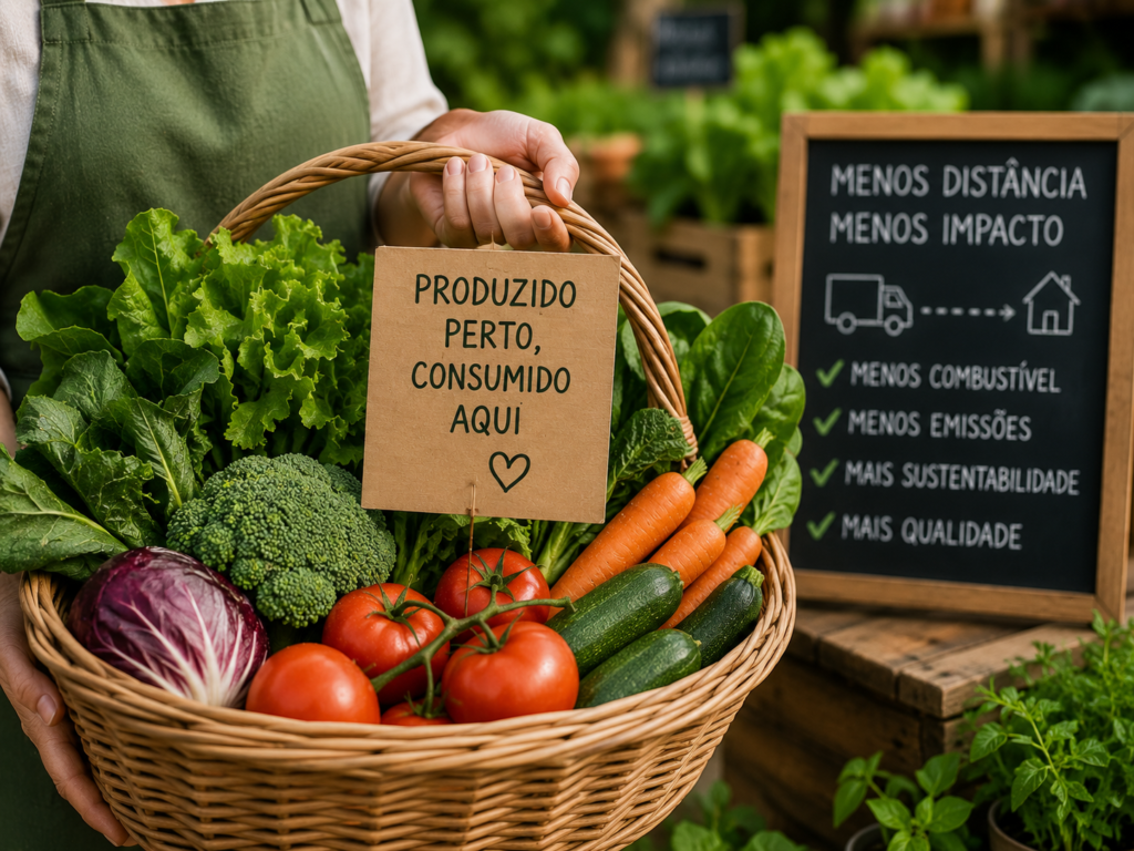 Cesta com verduras e legumes produzidos localmente destacando a redução de transporte e emissões