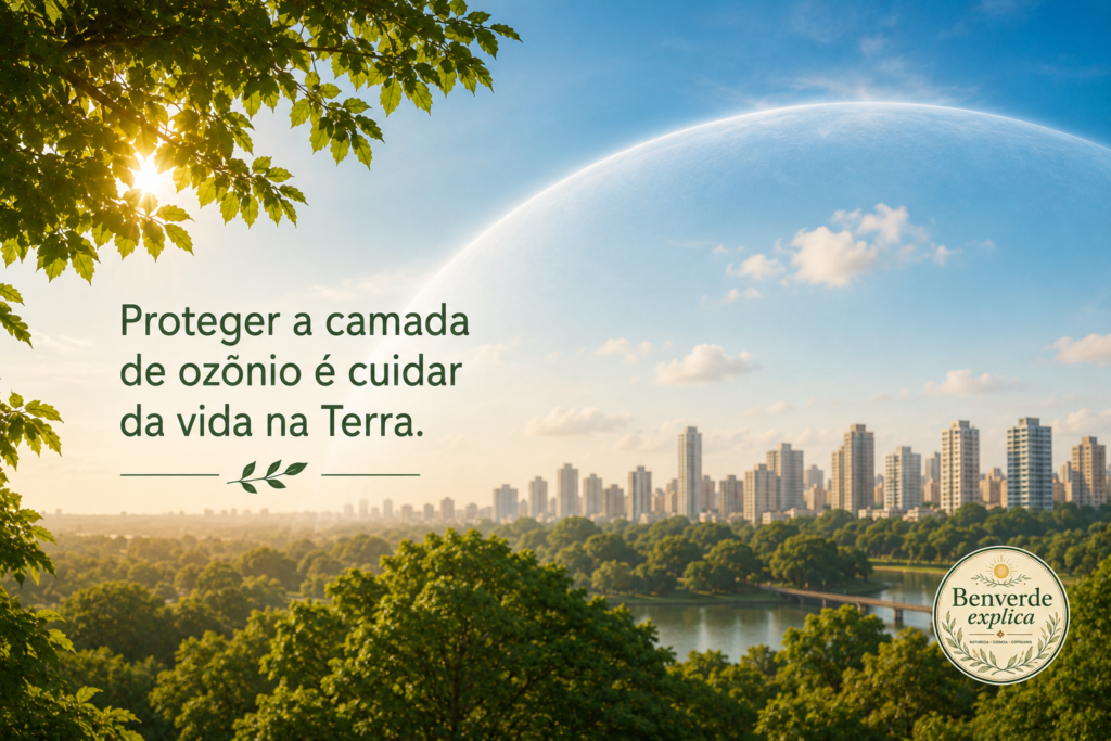 Paisagem urbana arborizada protegida por uma representação da camada de ozônio com selo Benverde Explica