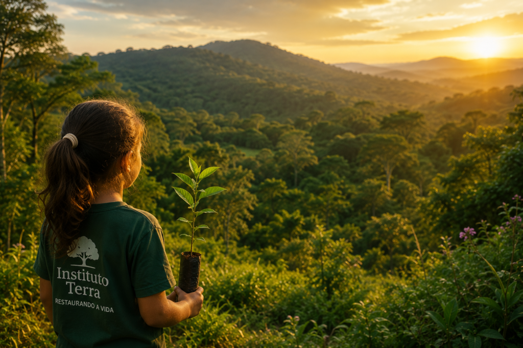 Criança observando uma floresta restaurada enquanto segura uma muda de árvore ao pôr do sol.