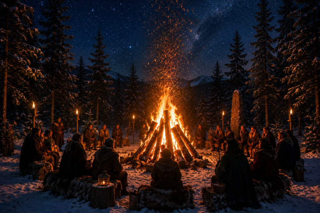 Grande fogueira acesa em uma floresta coberta de neve durante uma celebração inspirada no Yule.