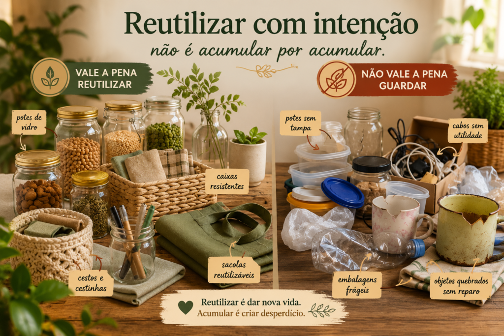 Comparação entre objetos que vale a pena reutilizar e itens que geram acúmulo sem utilidade