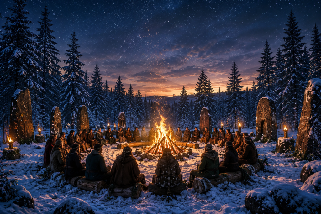Pessoas reunidas ao redor de uma grande fogueira durante o antigo ritual de Yule em uma floresta nevada.