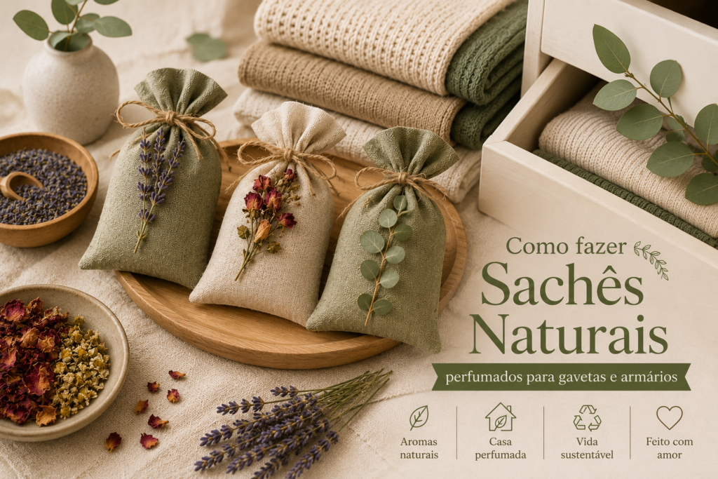 Sachês artesanais de tecido natural com flores secas ao lado de roupas dobradas em armário organizado.