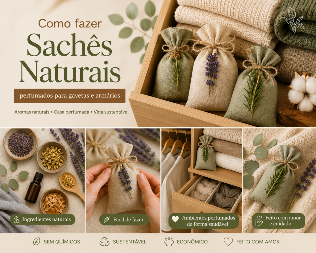 Sachês naturais perfumados com lavanda e alecrim organizados em gaveta de madeira com roupas dobradas.