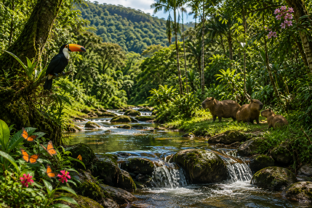 Floresta restaurada com nascente, tucano, capivaras e vegetação exuberante simbolizando o retorno da biodiversidade.