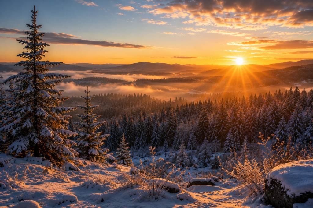 Paisagem montanhosa coberta de neve iluminada pelo nascer do sol após o solstício de inverno.