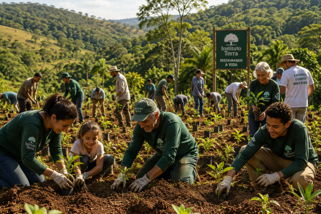 Voluntários de diferentes idades participando do plantio de mudas nativas em uma ação de reflorestamento.