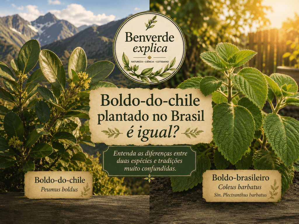 Comparação visual entre boldo-do-chile e boldo-brasileiro em arte botânica educativa do Benverde Explica
