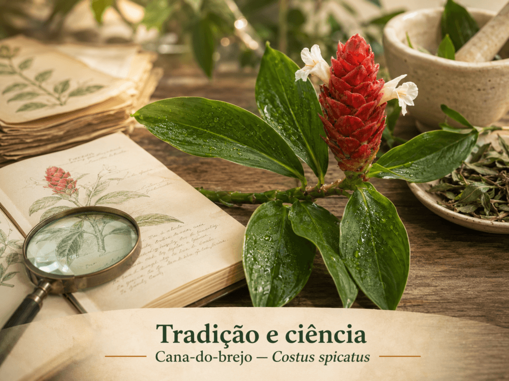 Cana-do-brejo (Costus spicatus) ao lado de caderno botânico, lupa, folhas secas e utensílio tradicional.