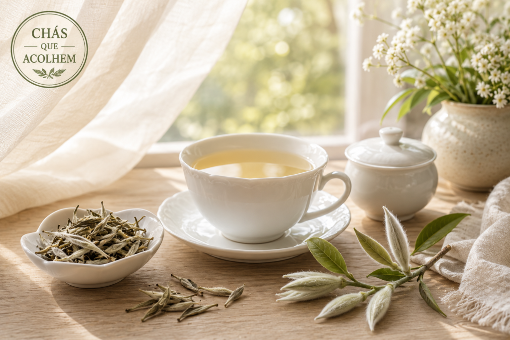 Chá Branco: benefícios, como preparar e principais cuidados | Benverde Xícara de Chá Branco (Camellia sinensis) sobre uma mesa de madeira clara, acompanhada por brotos jovens e folhas secas da planta, com selo da série Chás que Acolhem.