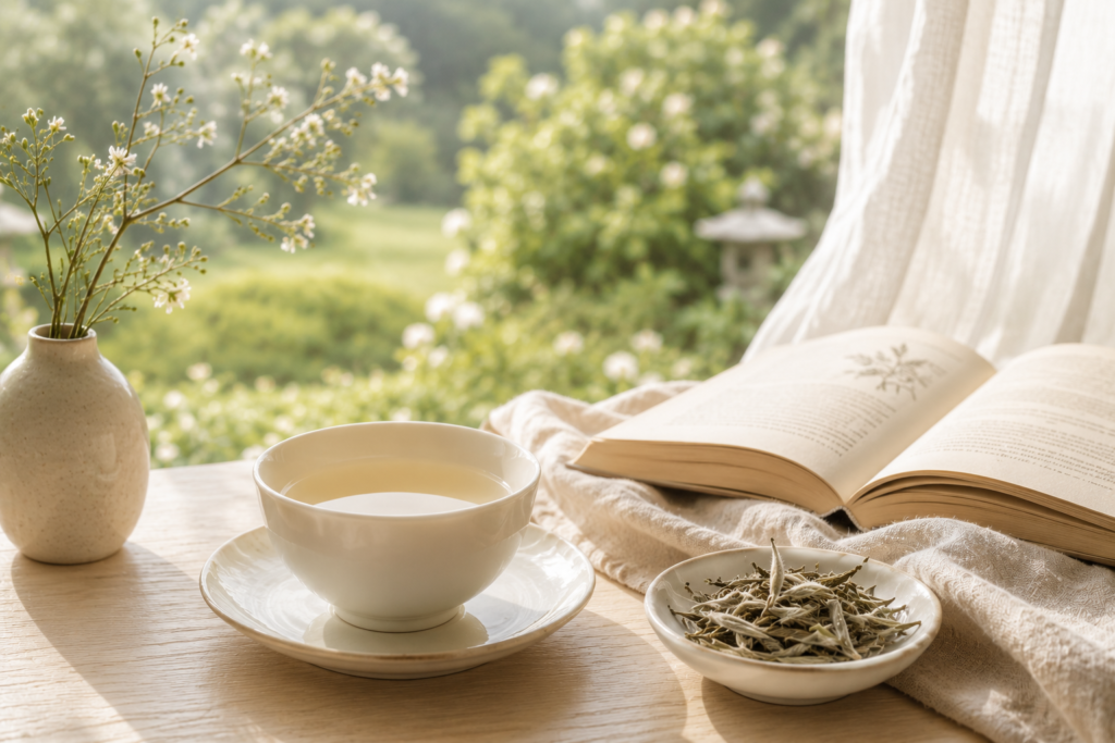 Chá Branco: benefícios, como preparar e principais cuidados | Benverde Xícara de Chá Branco ao lado de um livro aberto e um pequeno vaso com flores delicadas, junto a uma janela com vista para um jardim iluminado pela luz suave da manhã.