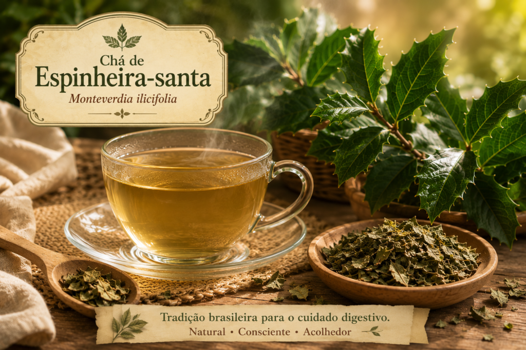 Xícara de chá de espinheira-santa com folhas frescas e folhas secas sobre mesa rústica em ambiente iluminado pela luz natural.