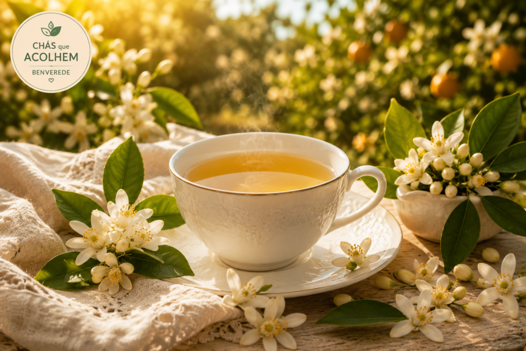 Chá de Flor de Laranjeira: benefícios, como preparar e principais cuidados | Benverde Xícara de chá de Flor de Laranjeira cercada por flores frescas da laranjeira em um pomar iluminado pela luz da manhã, com selo da série Chás que Acolhem.