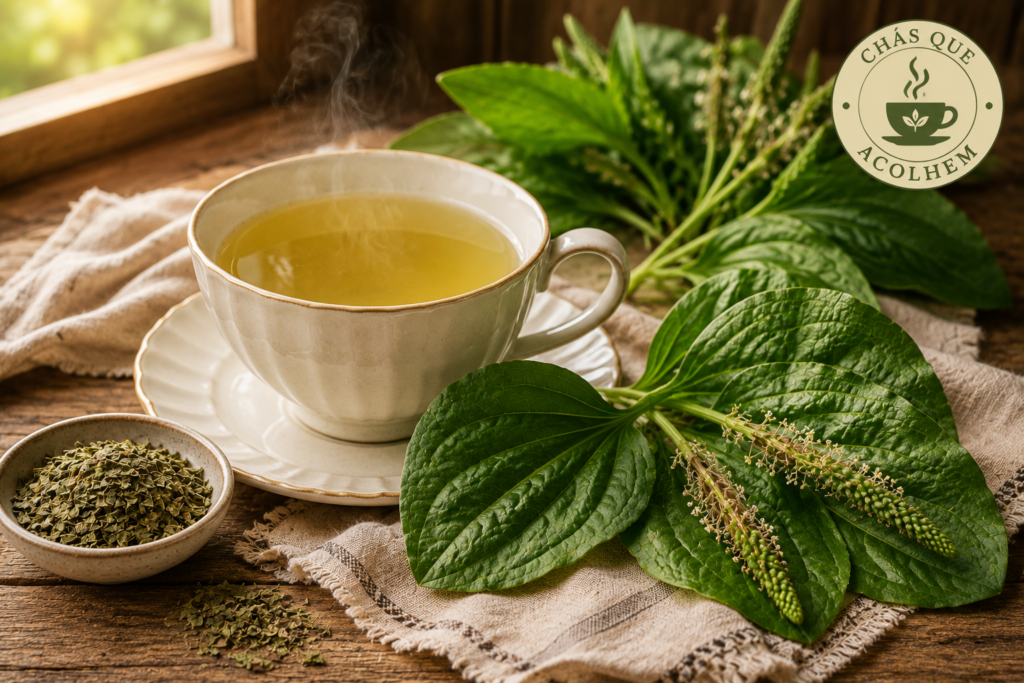 Chá de Tanchagem: benefícios, como preparar e principais cuidados | Benverde Xícara de chá de Tanchagem (Plantago major) acompanhada por folhas frescas e secas da planta, com selo da série Chás que Acolhem.