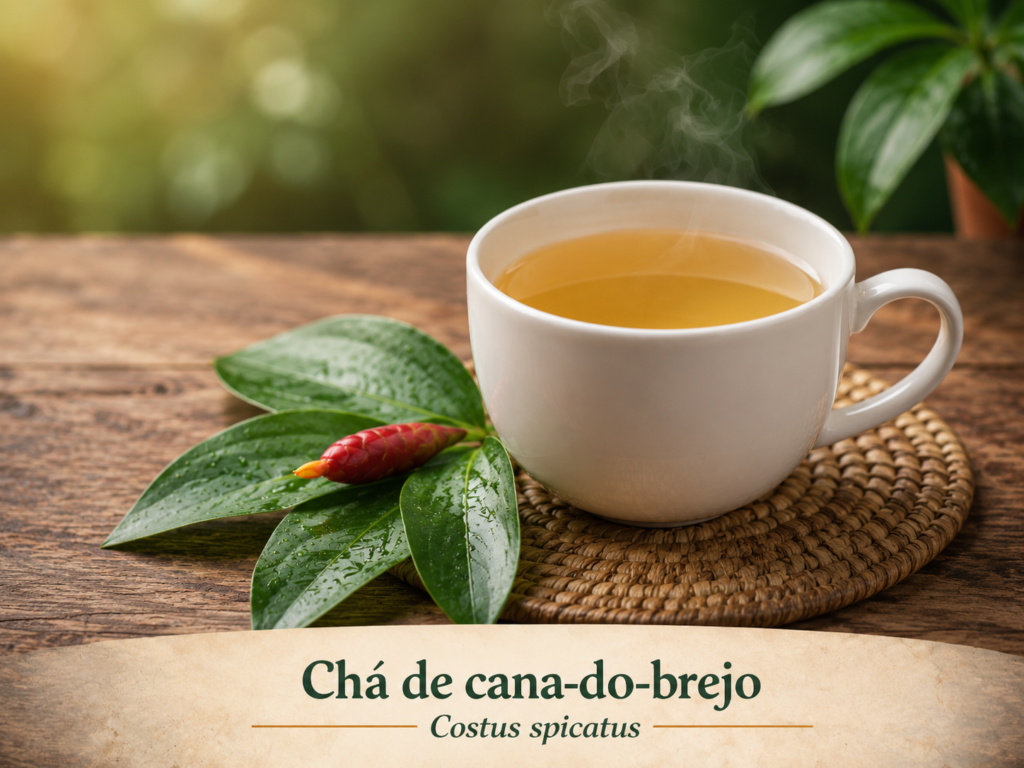 Xícara branca com chá de cana-do-brejo sobre mesa rústica, com folhas verdes da planta ao lado.