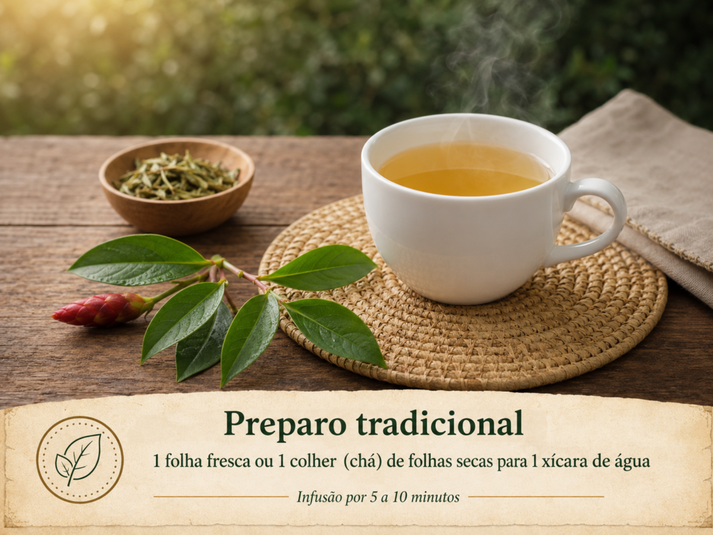 Cena de preparo do chá de cana-do-brejo com xícara de vidro, bule e pedaços da planta, ilustrando a quantidade usada na infusão.