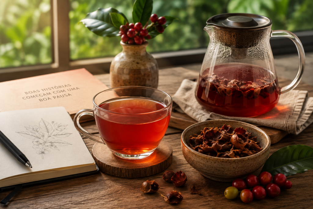 Mesa de madeira com uma xícara de chá de cáscara do café, jarra de infusão, bowl com cascas secas, caderno e frutos do cafeeiro próximos a uma janela iluminada.