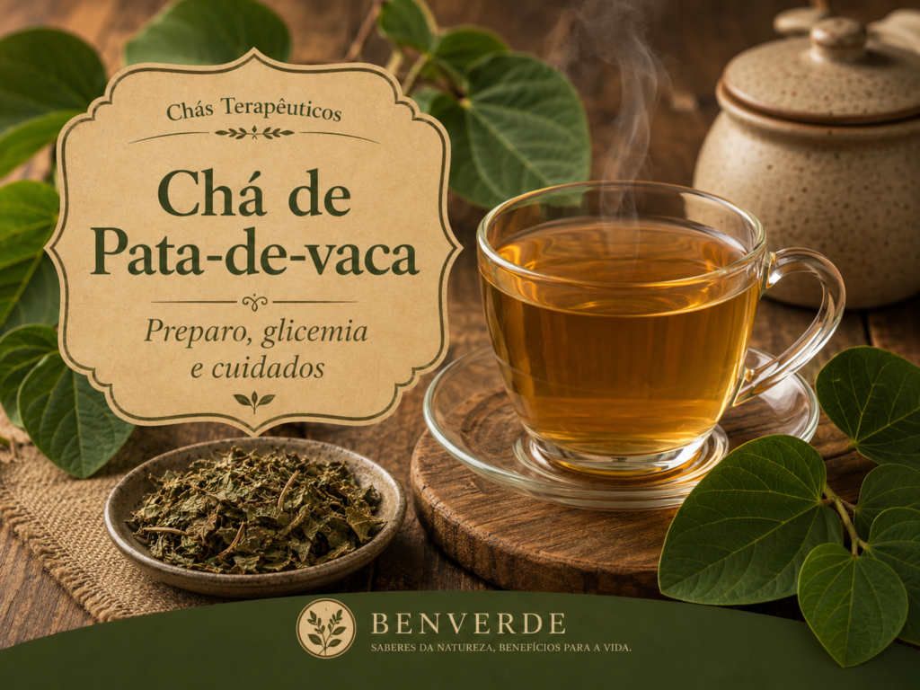 Xícara de chá de pata-de-vaca sobre mesa rústica, com folhas da planta ao redor e título do artigo do Benverde.