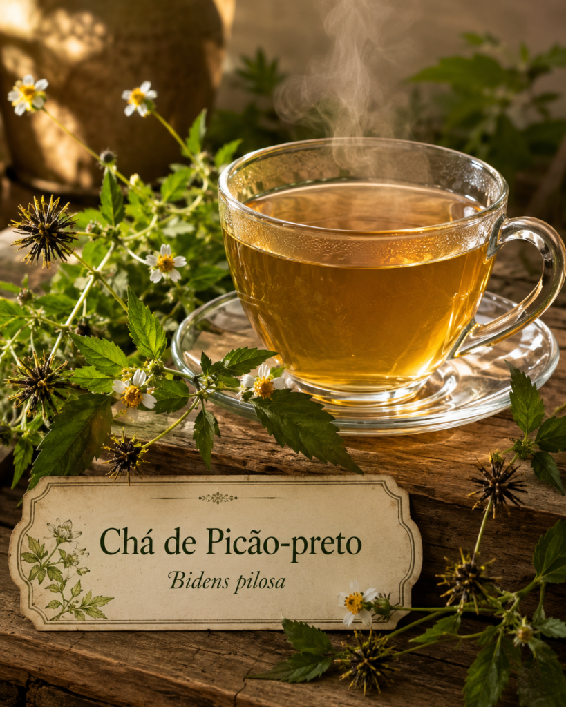 Chá de Picão-preto: benefícios, preparo e cuidados | Benverde Xícara de chá de Picão-preto com ramos frescos, pequenas flores brancas, frutos escuros e identificação botânica de Bidens pilosa.