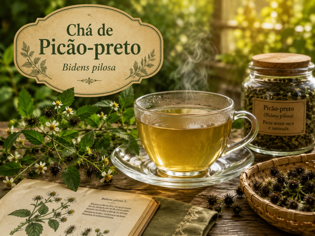 Chá de Picão-preto: benefícios, preparo e cuidados | Benverde Xícara de Chá de Picão-preto ao lado da planta fresca, parte aérea seca, livro botânico e identificação de Bidens pilosa.