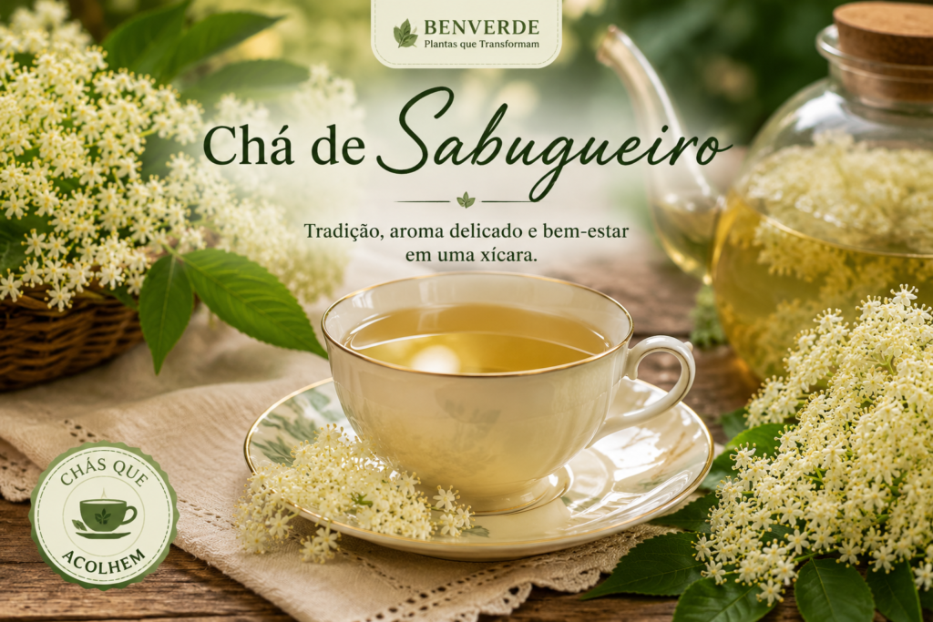 Xícara de chá de sabugueiro rodeada por flores frescas da planta, com selo da série Chás que Acolhem do Benverde.