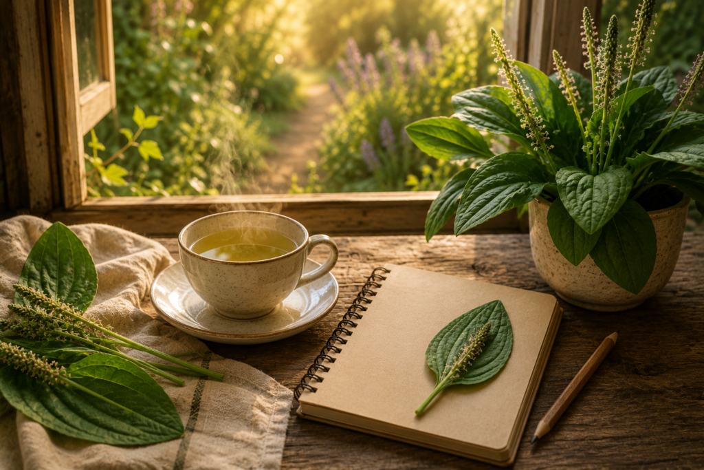 Xícara de chá de Tanchagem ao lado de um caderno de anotações e de um vaso com a planta, próxima a uma janela com vista para o jardim.