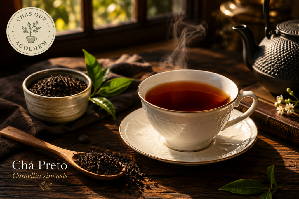 Xícara de Chá Preto (Camellia sinensis) acompanhada por folhas secas da planta sobre uma mesa de madeira escura, com selo da série Chás que Acolhem.