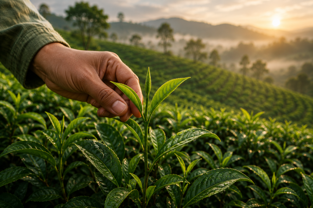Mão colhendo cuidadosamente duas folhas e um broto de Camellia sinensis em uma plantação de chá ao amanhecer.