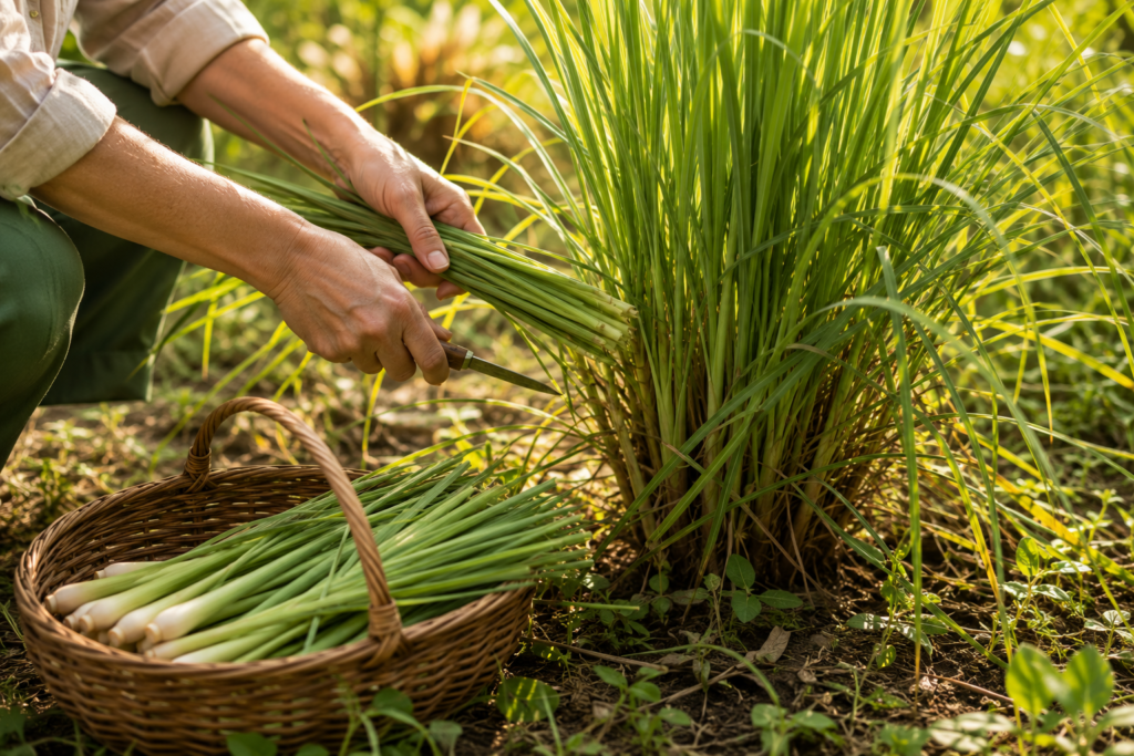 Pessoa realizando a colheita cuidadosa de folhas de Capim-cidreira (Cymbopogon citratus) em um jardim ensolarado.