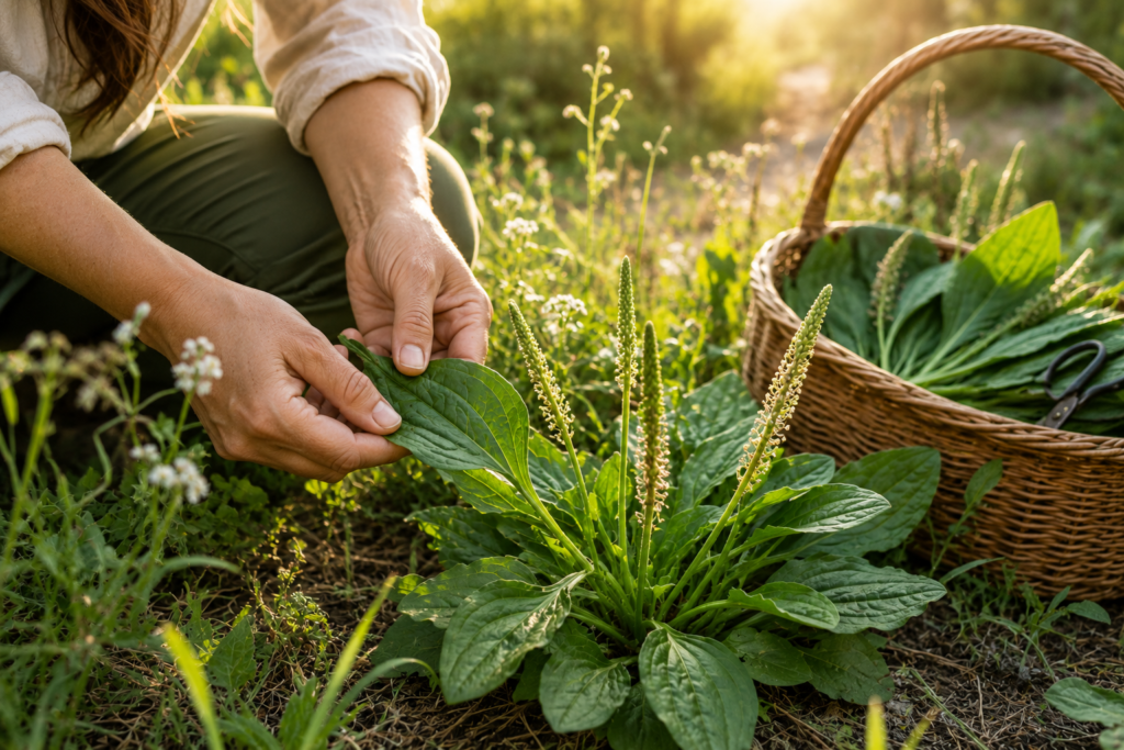 Pessoa colhendo cuidadosamente folhas de Tanchagem (Plantago major) em ambiente natural.