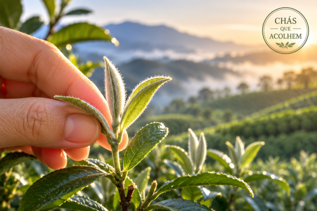 Chá Branco: benefícios, como preparar e principais cuidados | Benverde Close dos brotos jovens da Camellia sinensis com a característica penugem branco-prateada, segurados delicadamente durante a colheita em uma plantação de chá ao amanhecer.