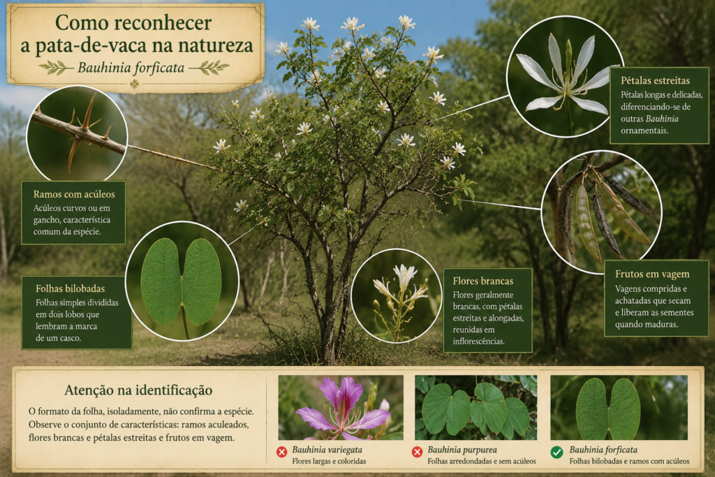Pata-de-vaca (Bauhinia forficata): botânica, usos tradicionais e evidências científicas | Benverde Guia visual para reconhecer Bauhinia forficata por folhas bilobadas, flores brancas, acúleos e frutos em vagem