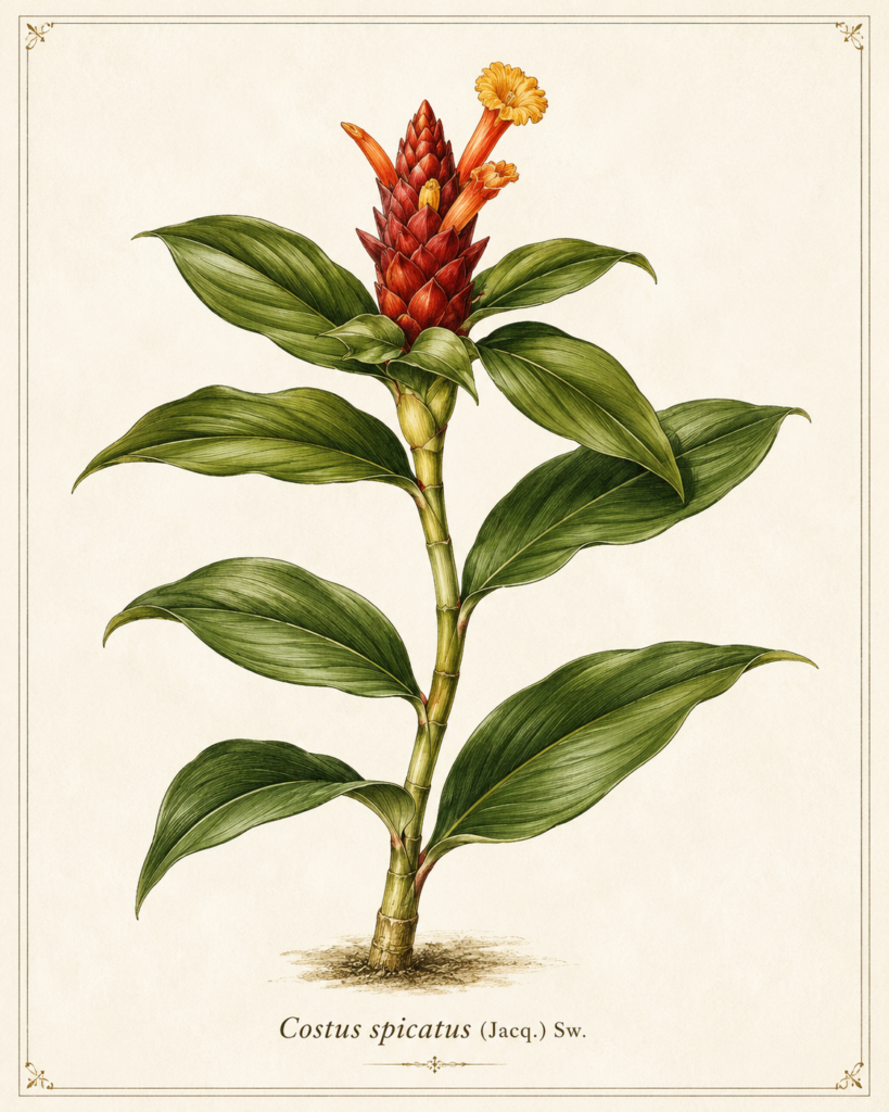Gravura botânica artística da cana-do-brejo (Costus spicatus) mostrando folhas em espiral e inflorescência vermelha.
