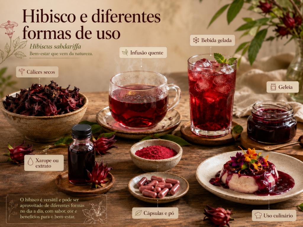 Diferentes formas de uso do hibisco (Hibiscus sabdariffa), incluindo chá quente, bebida gelada, cálices secos, geleia, xarope, extrato, cápsulas e preparações culinárias.