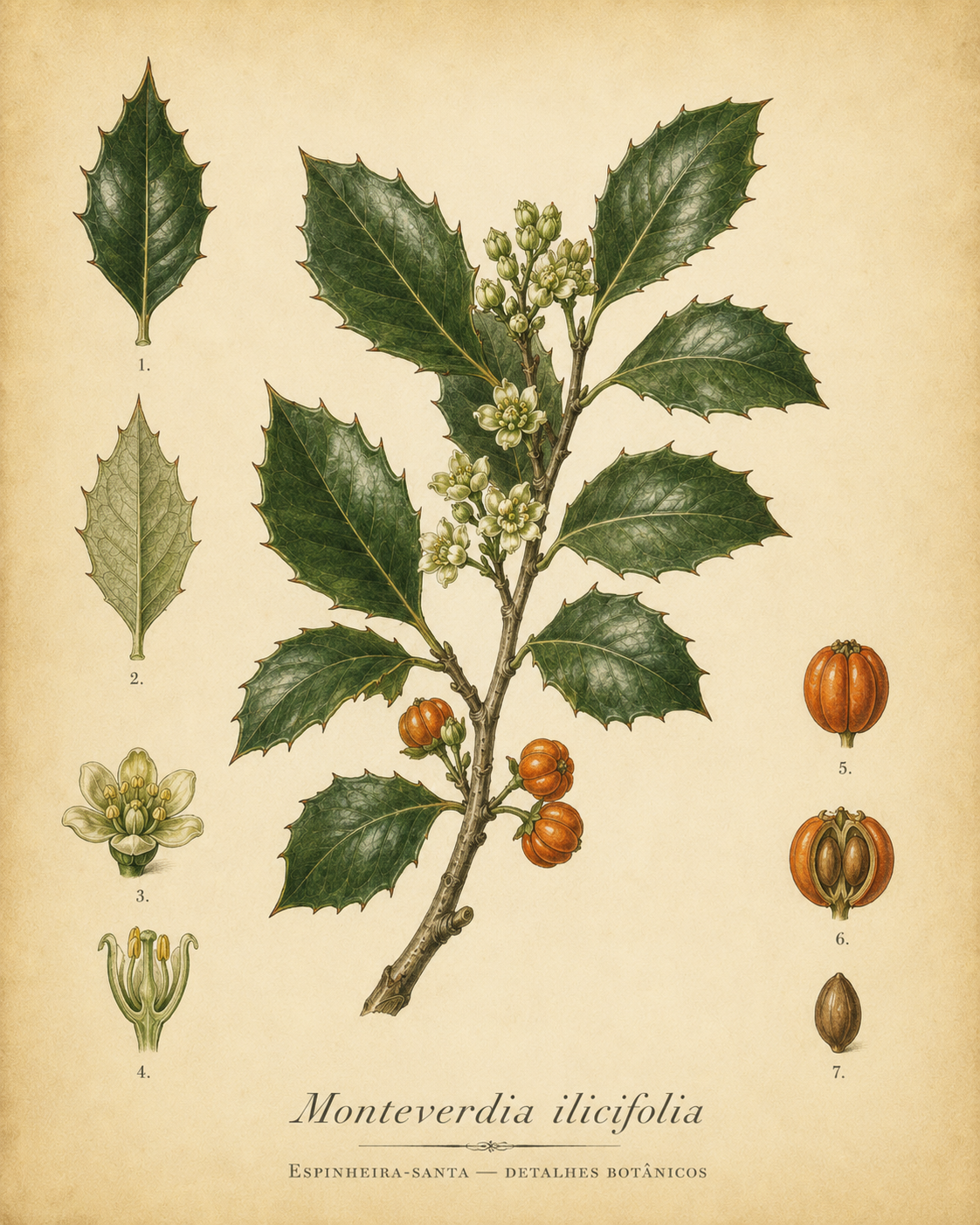 Prancha botânica da Espinheira-santa mostrando folhas, flores, frutos e sementes