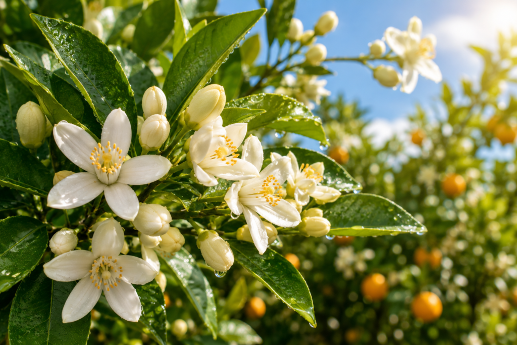 Chá de Flor de Laranjeira: benefícios, como preparar e principais cuidados | Benverde Ramo de laranjeira com flores abertas, botões florais e folhas verdes brilhantes iluminadas pelo sol da manhã.