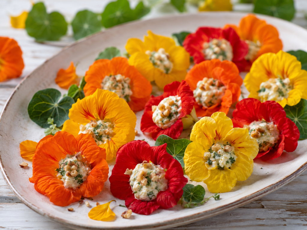 Flores de Capuchinha Recheadas com Ricota, Ervas e Castanhas | Benverde Flores de capuchinha recheadas com ricota, ervas frescas e castanhas picadas.