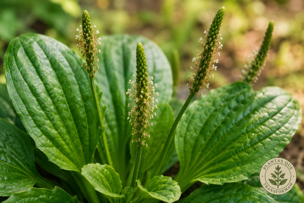 Close das folhas e espigas florais da Tanchagem (Plantago major), evidenciando as nervuras paralelas e a floração.