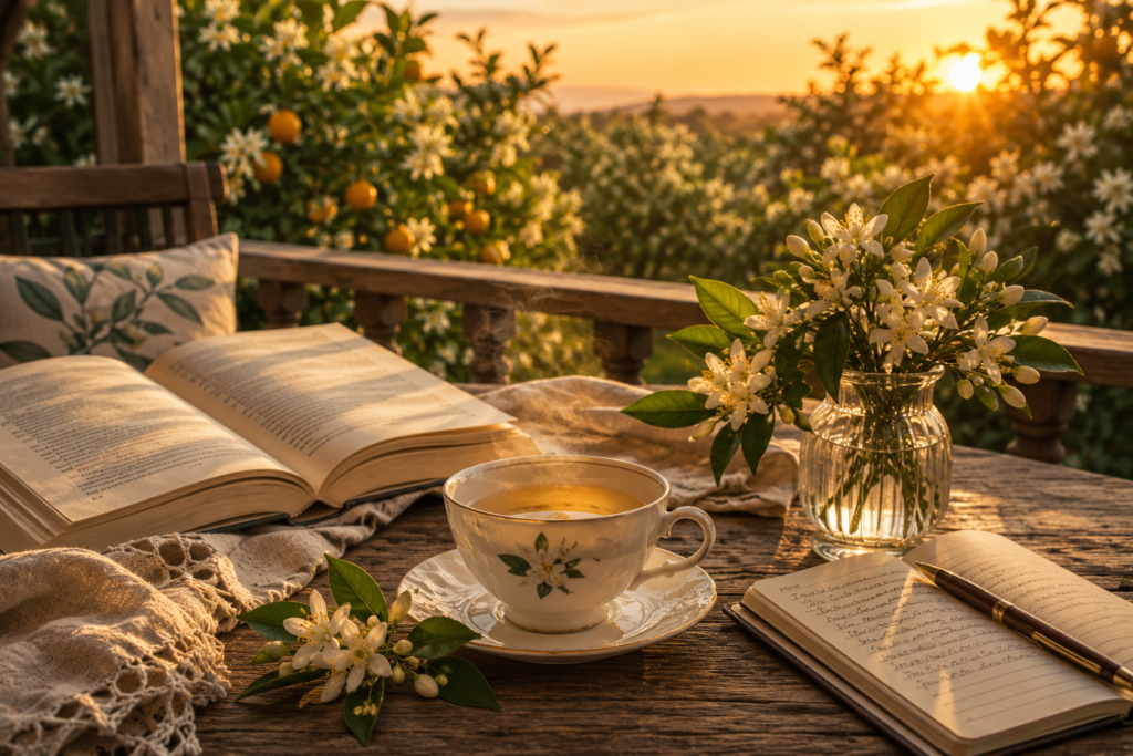 Chá de Flor de Laranjeira: benefícios, como preparar e principais cuidados | Benverde Xícara de chá de Flor de Laranjeira sobre uma varanda com vista para um pomar florido ao pôr do sol, acompanhada por um livro aberto e um vaso com flores da laranjeira.