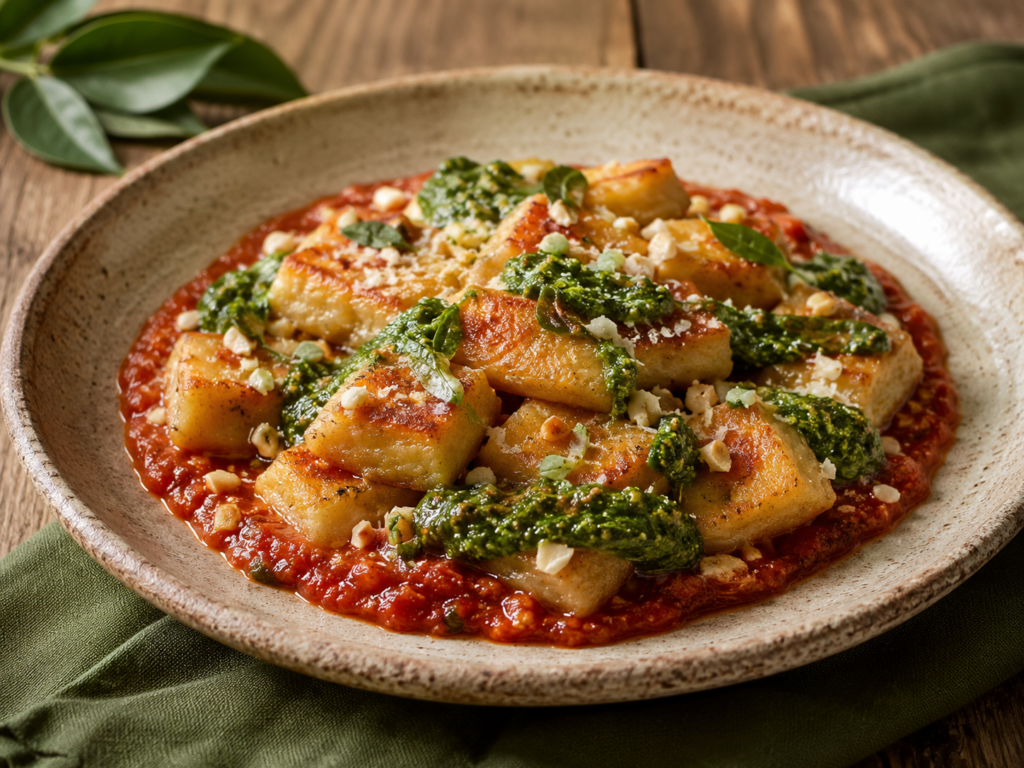 Prato de nhoque de banana-da-terra servido com molho de tomates assados e pesto de ora-pro-nóbis em cerâmica artesanal.
