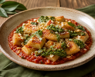 Nhoque de Banana-da-Terra com Pesto de Ora-pro-nóbis