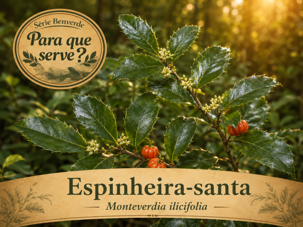 Para que serve a espinheira-santa? Ramo de espinheira-santa com folhas brilhantes, flores e frutos em ambiente natural.