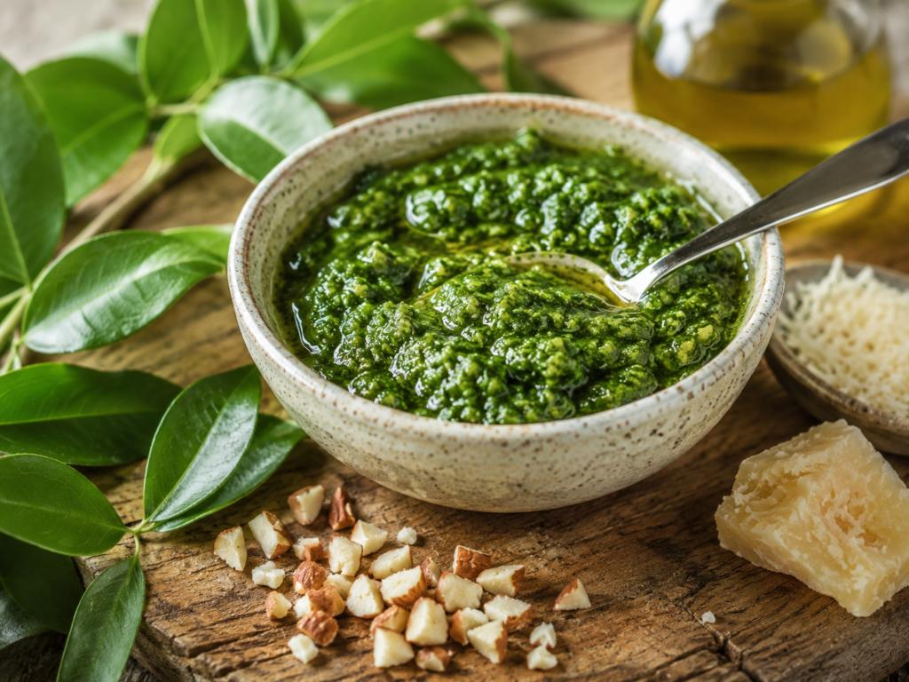 Pesto artesanal de ora-pro-nóbis servido em tigela de cerâmica com folhas frescas, castanhas e azeite.