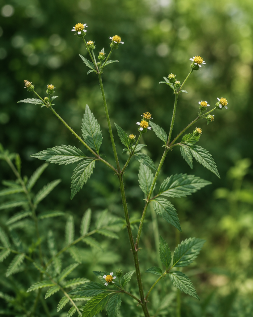 Planta de Picão-preto (Bidens pilosa) crescendo em ambiente natural, com folhas verdes serrilhadas e pequenas flores de centro amarelo e pétalas brancas.