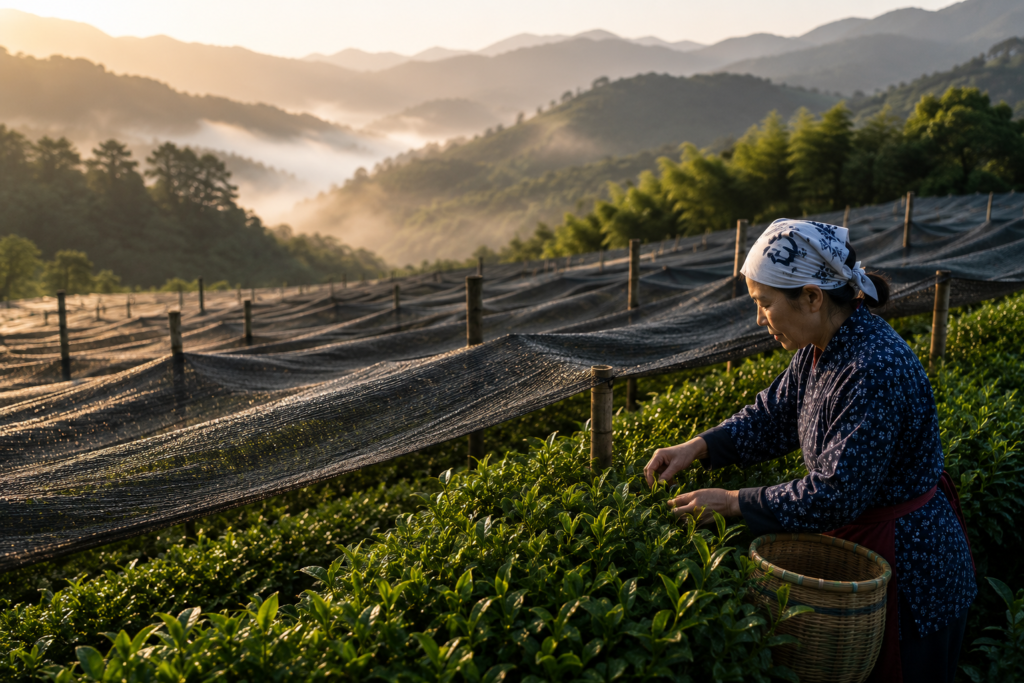 Plantação de Camellia sinensis cultivada sob telas de sombreamento, com agricultora realizando a colheita dos brotos jovens ao amanhecer.