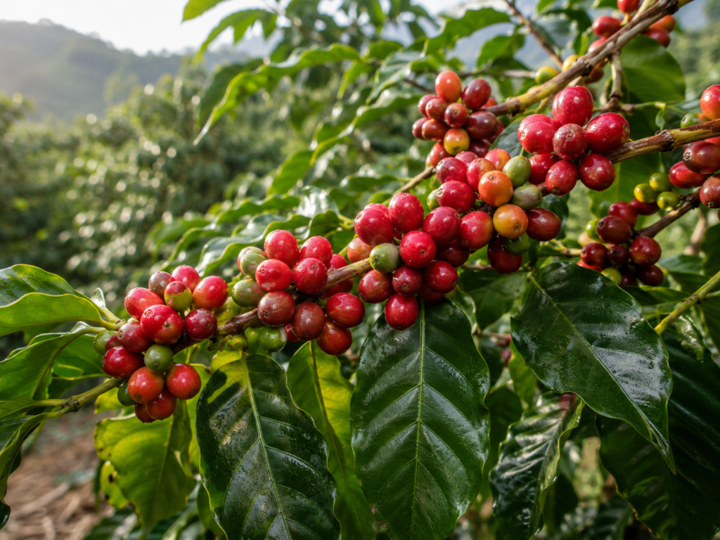 Ramo de cafeeiro com frutos maduros vermelhos e folhas verdes brilhantes em uma plantação, mostrando a origem da cáscara do café.