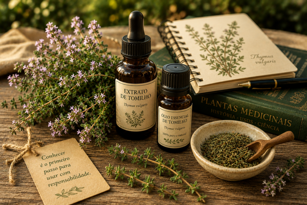 Tomilho fresco e seco ao lado de frascos identificados como extrato e óleo essencial, livro de plantas medicinais e caderno botânico.