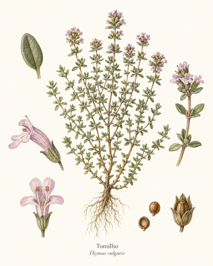 Gravura botânica do Tomilho (Thymus vulgaris) mostrando a planta inteira, raízes, pequenas folhas, flores rosadas e detalhes de suas estruturas.