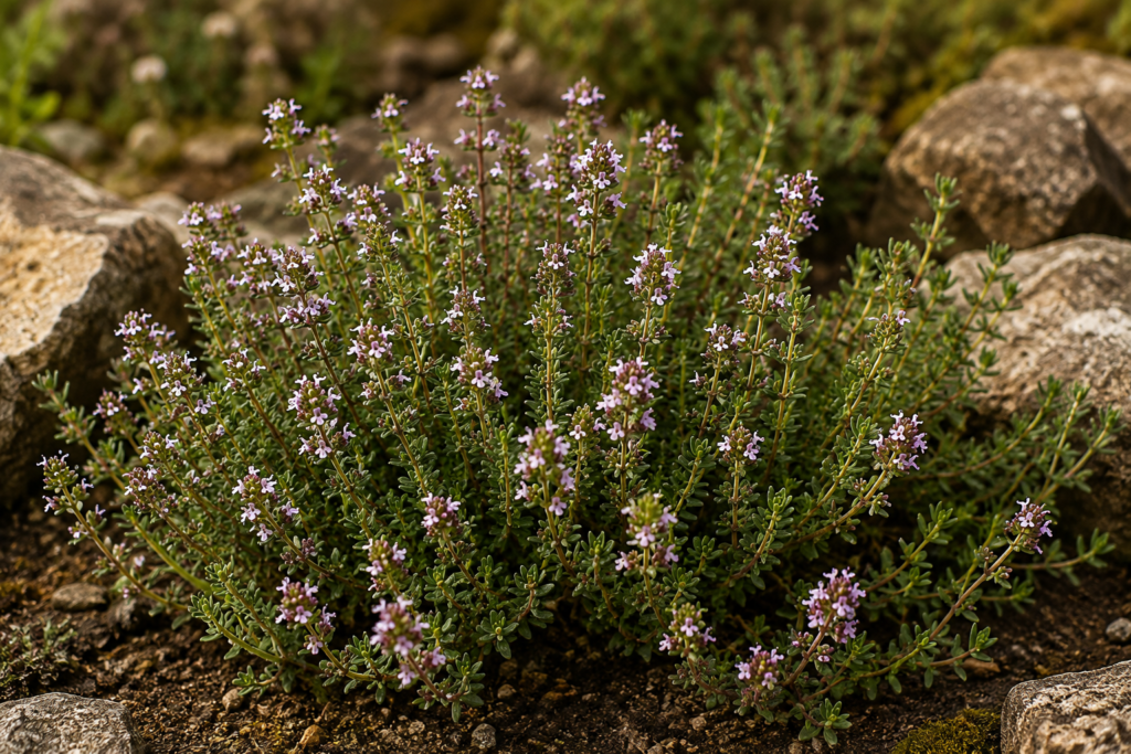 Tomilho (Thymus vulgaris) crescendo entre pedras e solo seco, com numerosos ramos, pequenas folhas verdes e flores rosadas.